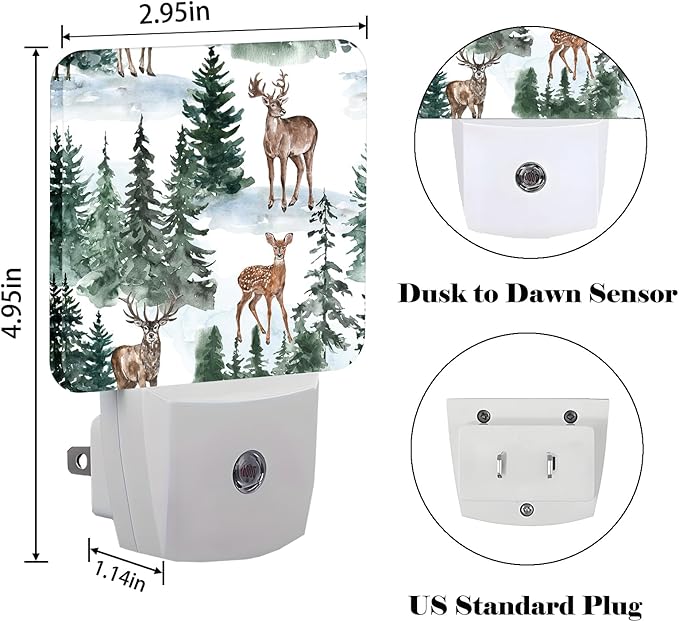 Watercolor Deer and Forest Night Light,Plug Into Wall for Boys Girls Bedroom Decorative Square Night Light Lamp 0.5w Sleep Friendly