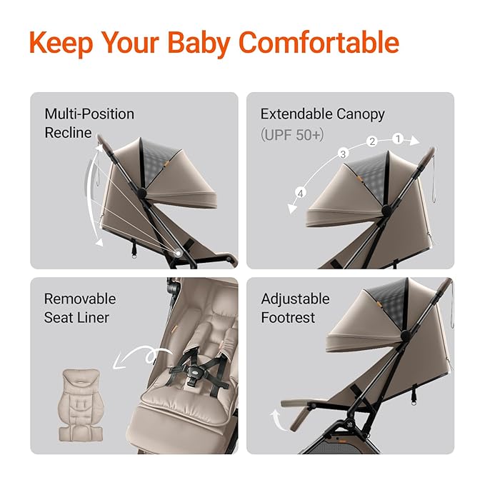 MAMAZING Lightweight Baby Travel Stroller with Carbon Fiber Frame, Compact & Airplane-Friendly, One-Handed Folding Design, 11.6 lbs, Perfect for Toddlers, Organizer & Cushion Included, Simply Taupe