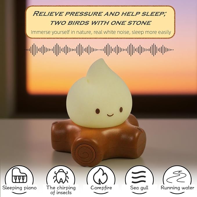 Cute Fake Campfire Lamp with White Noise, 5 Soothing Sounds & Flickering Flame Light, Rechargeable Portable Night Light for Sleep, Relaxation, Camping Decor & Gifts (White Noise Version)