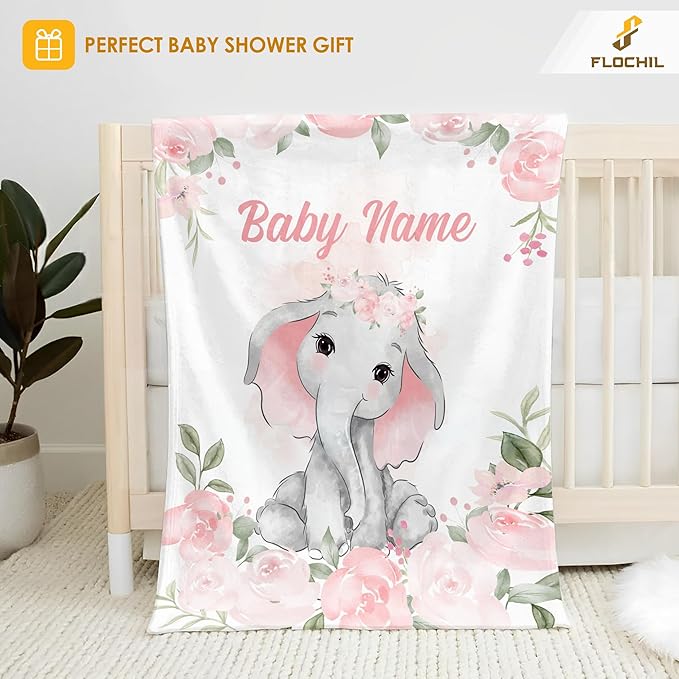 FLOCHIL Personalized Baby Blanket for Girls, Custom Baby Blanket with Name, Customized Baby Products, Gift for Baby, Newborn, Baby Shower (Elephants 3)