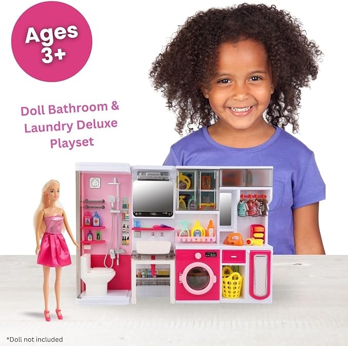 Doll Mini Bathroom Laundry Playset for Kids, House Furniture Pretend Play Toy Accessories Set with Realistic Lights & Sounds for Toddlers, Girls (4-in-1 Bathroom Set)