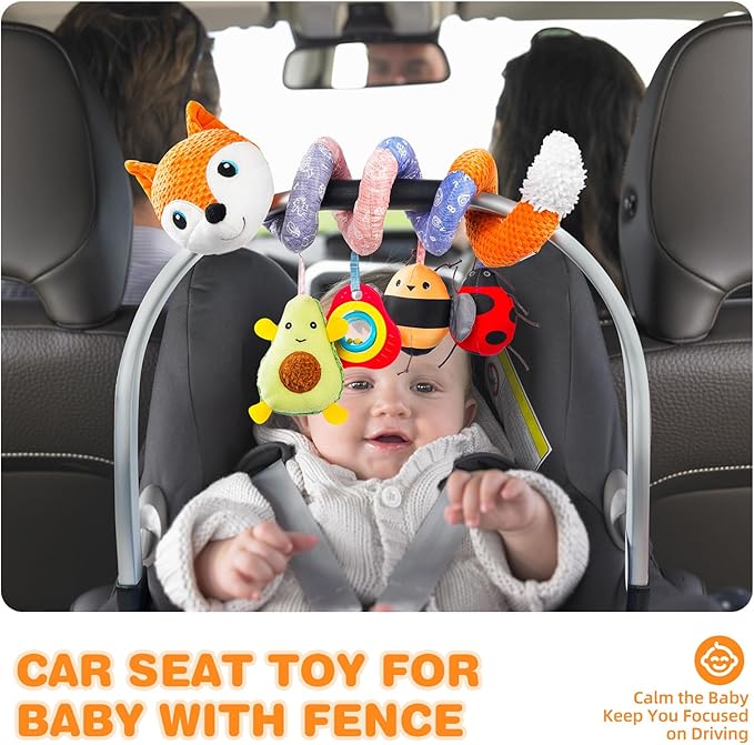 Jollybaby Crib Stroller Car Seat Toys for Baby 0-3-6-9-12 Months, Tummy Time Hanging Sensory Toys for Newborn with Music Box and Teether, Spiral Carseat Toy for Infant Boys Girls Gift (03-Orange Fox)