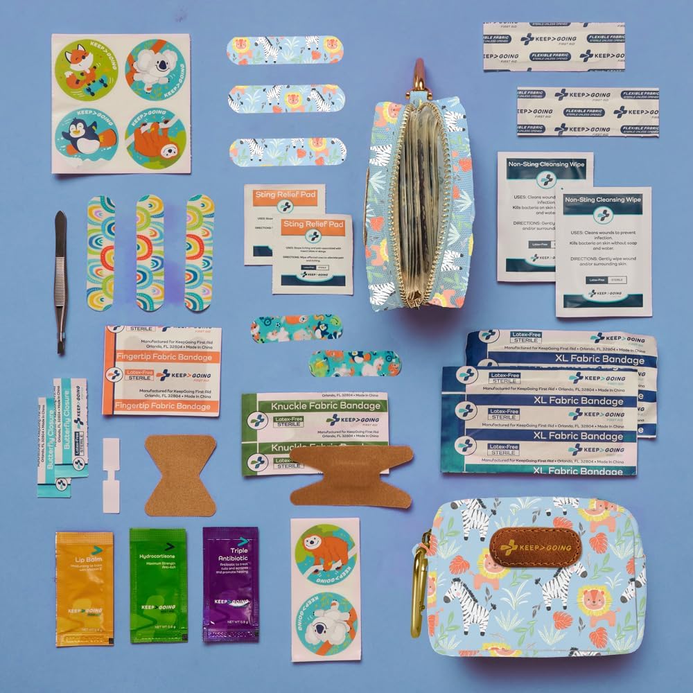 KeepGoing Small Travel First Aid Kit Kids – 60 Pc. Mini First Aid Kit for Purse, Diaper Bag, & Backpack with Latex-Free Bandages – 4 Oz., & 4.5 x 3.5 x 2 in, TSA-Approved