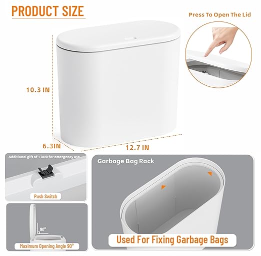 Yieach White 12L Pet/Dog Proof Bathroom Trash Can with Lid,3.17 Gallon Slim Trashcan and Skinny Small Covered Trash Can for Kitchen,Office,RV,Bedroom and Dorm,Plastic Covered Wastebasket,Garbage Can