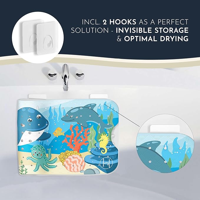 Homerella Baby Bath Tub Mat | Anti Mold Mildew Resistant Non Slip Kids and Adult Bath Tub Shower Mats | 40x16 inch Long with Suction Cups for Secure Grip Hooks for Storage & Drying | Machine Washable