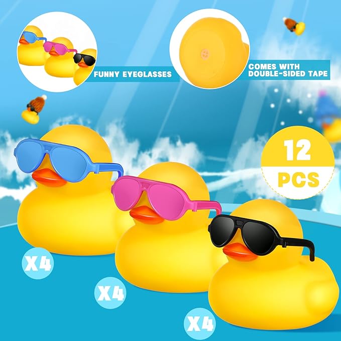 Chivao 12 Pcs Rubber Ducks with 12 Sunglasses/ Hats/ Headwear Small Mini Carnival Cruise Birthday Rubber Duckies Bathtub Toys in Bulk(Duck with Colored Glasses,Yellow)