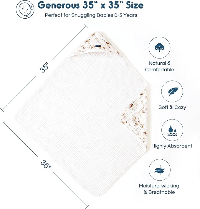 GRSSDER Ultra Soft Absorbent Muslin Cotton Baby Hooded Towel 2 Pack with Original Patterns, Extra Large Size 35"x 35" Swaddle Wrap for Newborn Infant and Toddler