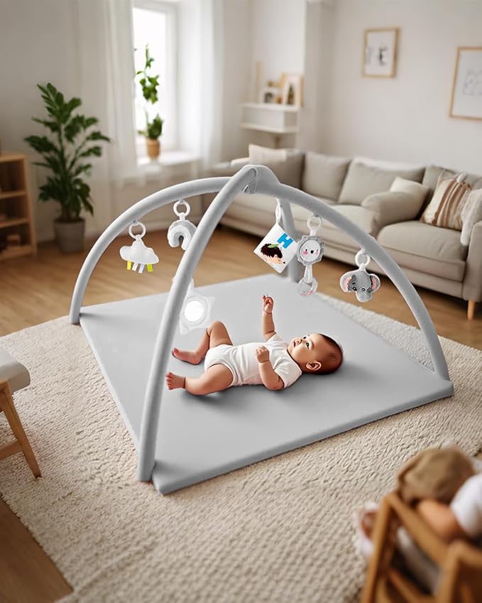 Baby Play Gym with Soft Foam Mat – Removable & Machine Washable Cover, Velvet Tummy Time Mat with 6 Sensory Toys, Non-Slip Activity Mat for Infant Development, Newborn Essentials Gift, Grey