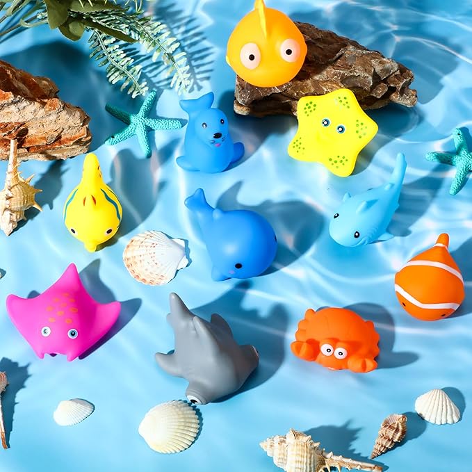 Poen 100 Pcs Rubber Bath Toys Bulk Cute Sea Animals Bathtub Toys Floating Ocean Squeaky Animals for Birthday Party Supplies Summer Pool Favors Baby Shower Classroom Carnival Prizes, 10 Styles