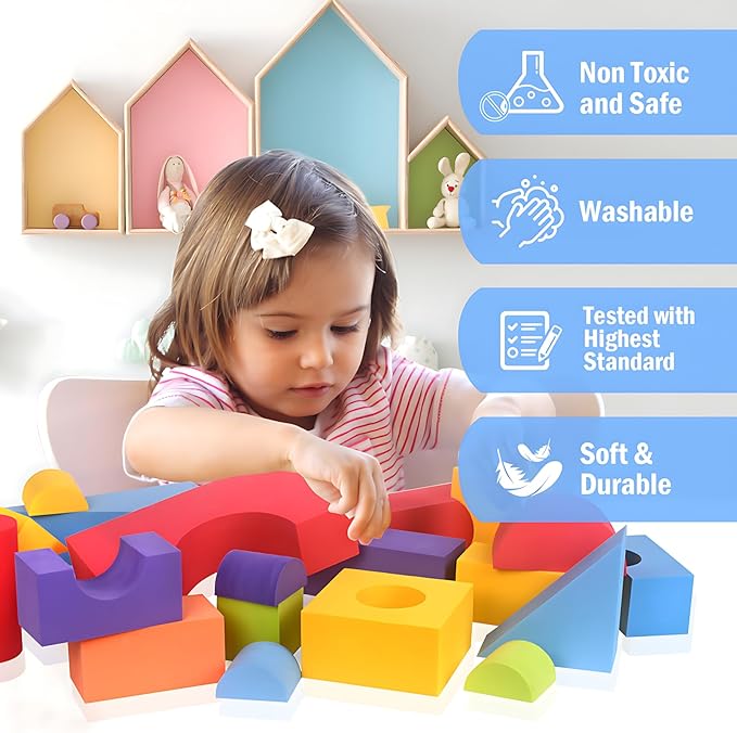Migargle 36 Pieces Large Foam Building Blocks for Toddlers, EVA Soft Stacking Blocks, Baby Bath Foam Toy Set, Early Learning Construction Toys & Gifts for Kids, Boys & Girls