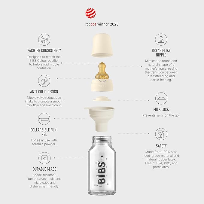 BIBS Baby Glass Bottle Complete Set 110 ml | BPA Free Natural Rubber | Made in Denmark | Ivory