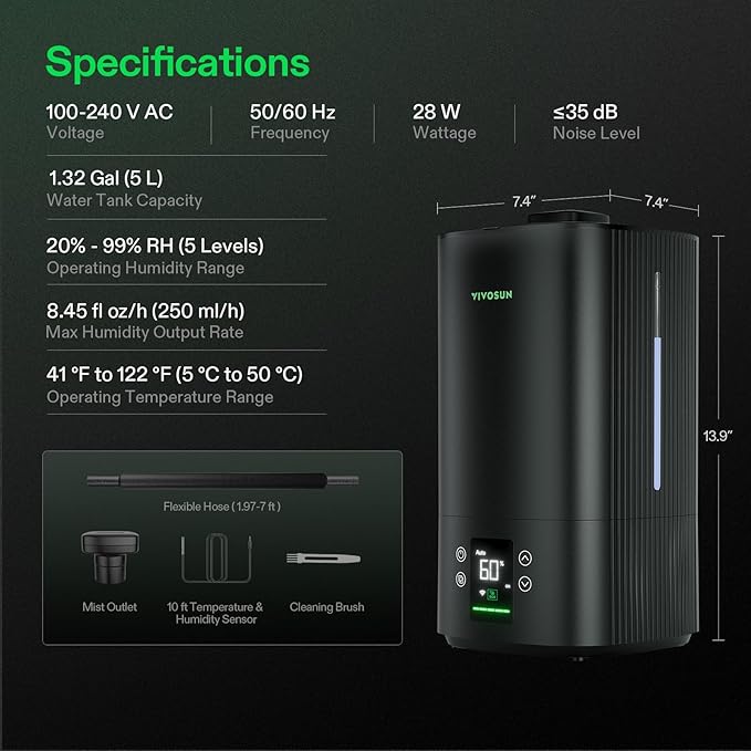 VIVOSUN AeroStream H05 Intelligent Wi-Fi Humidifier, 1.32 Gal / 5 L Humidifier with Temp & Humidity Probe, Smart Remote Control, Designed for Growers