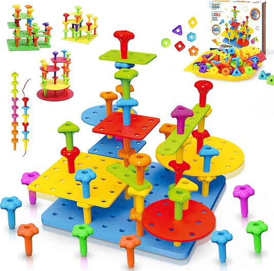 Peg Board Toy set 73Pcs DIY Building Stacking Toys for Kids 3-6 Years Old,STEM Educational Kids Toy for Brain Development,Montessori Sensory Toys,Upgrade Various Foam Board Plastic Lacing String Game