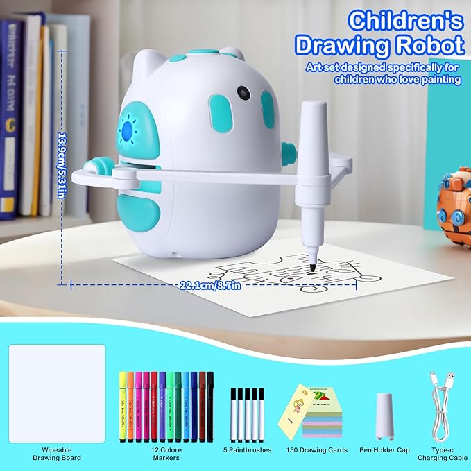 Drawing Robot for Kids 150 Educational Cards Smart Drawing Robot Voice Interactive Partner Montessori Painting Toy for Boys & Girls Ages 3-8 Perfect for Birthdays Christmas and Learning Fun