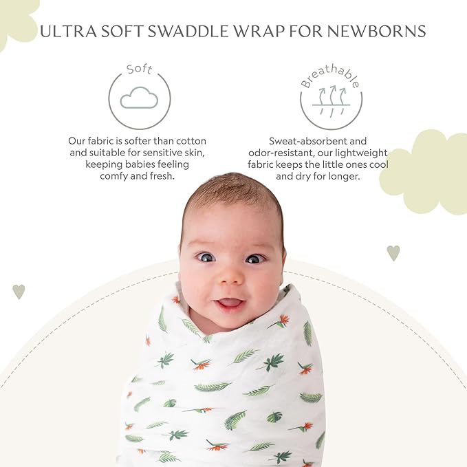 Muslin Baby Swaddle - Breathable Receiving Blankets for Newborn Baby, 70% Viscose derived from Bamboo, 30% Spandex, Imported
