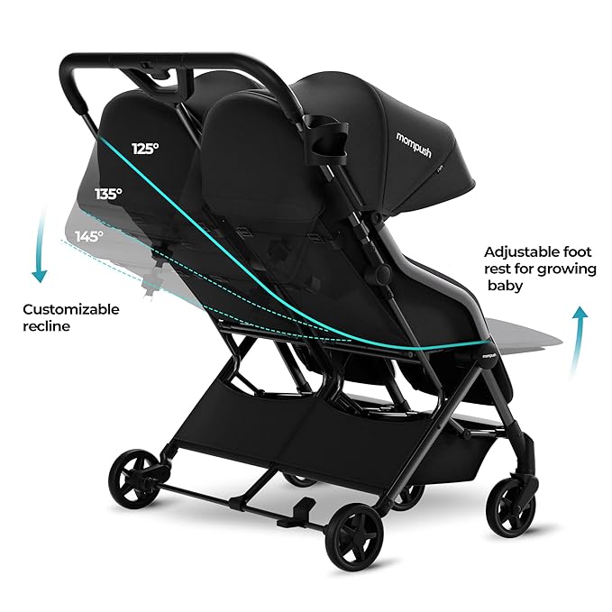 Mompush Lithe Double Stroller, Lightweight Side by Side Stroller for Newborn and Toddler, Easy Fold, Spacious Seats with Recline, UPF50+ Canopy