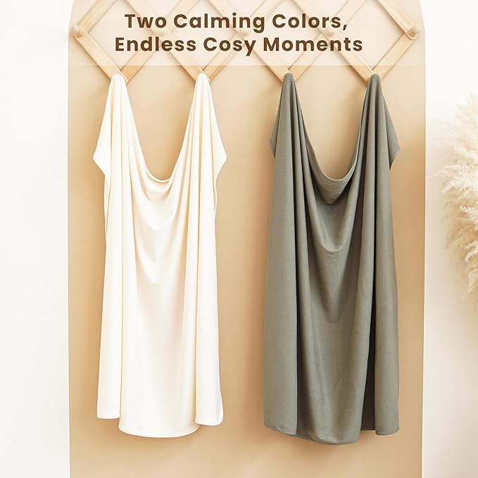 Konssy Knit Baby Blanket 2 Pack, Soft Ribbed Swaddle Receiving Blankets for Boys & Girls, Lightweight Cozy Swaddling Wrap for Newborns, Infants, & Toddlers, 33x42 Inch (Beige, Sage)