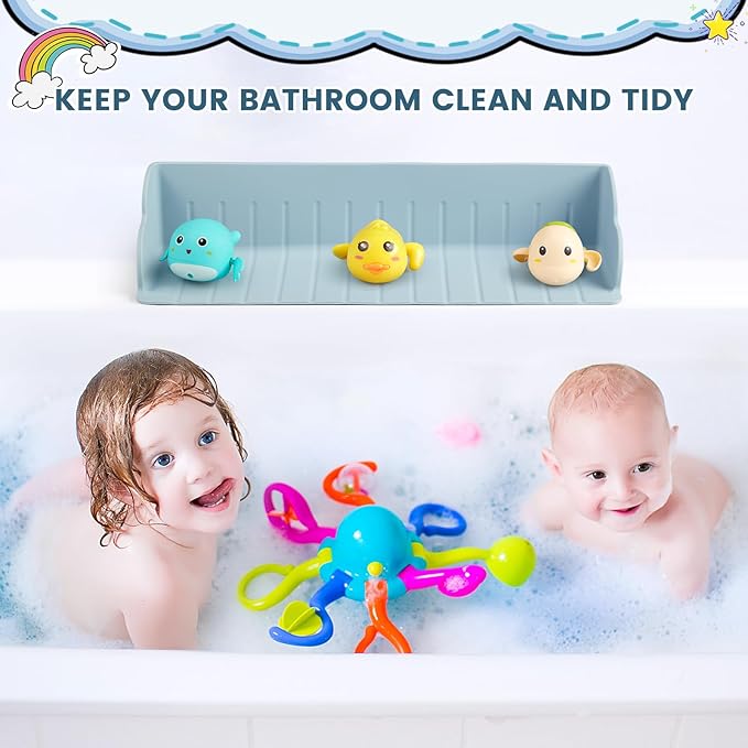 Bathtub Splash Guard for Tub, Silicone Bathtub Caddy Tray with Play Shelf, Kids Bath Tub Shelf and Organizer for Baby Bath Toys, Bath Toy Holder, Toddler Bathtub Accessories(Classic Blue)