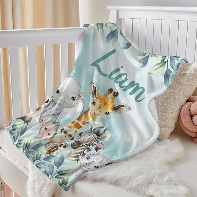 J&SBGFT Personalized Baby Blanket for Boys,Custom Baby Blanket with Name, Customized Name Blanket Receiving Blankets for Toddlers Kids Nursery Stroller Crib Decor Throw,Safari Animal Forest