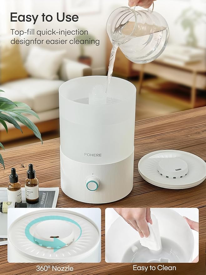 FOHERE Humidifier for Bedroom Baby, 3.2L Top Fill Cool Mist Humidifiers for Nursery, Home, 28H Ultra Quiet Runtime, Auto Shut-Off, Soft 7-Color Night Light, BPA-Free, Essential Oil Tray, White