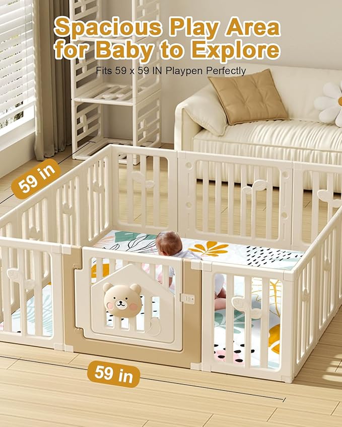 Premium Foam Baby Play Mat 59x59 – Removable & Machine Washable Cover, Extra Thick Padding Playpen Mat, Non-Slip Crawling Mat, Easy to Clean for Infants, Toddlers & Babies