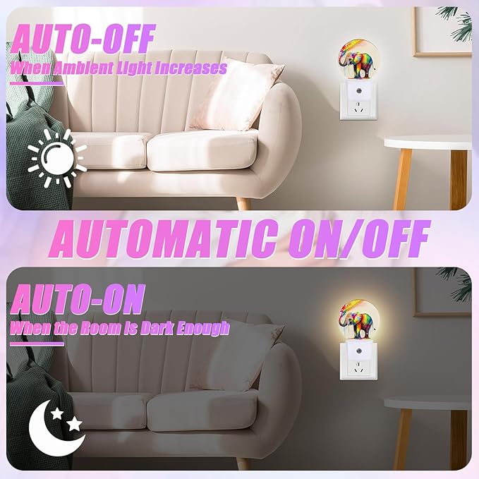 Colorful Elephant Night Light LED Lamp Round Plug into Wall Nightlight with Dusk to Dawn Sensor Home Hallway Stairway Kitchen Decor