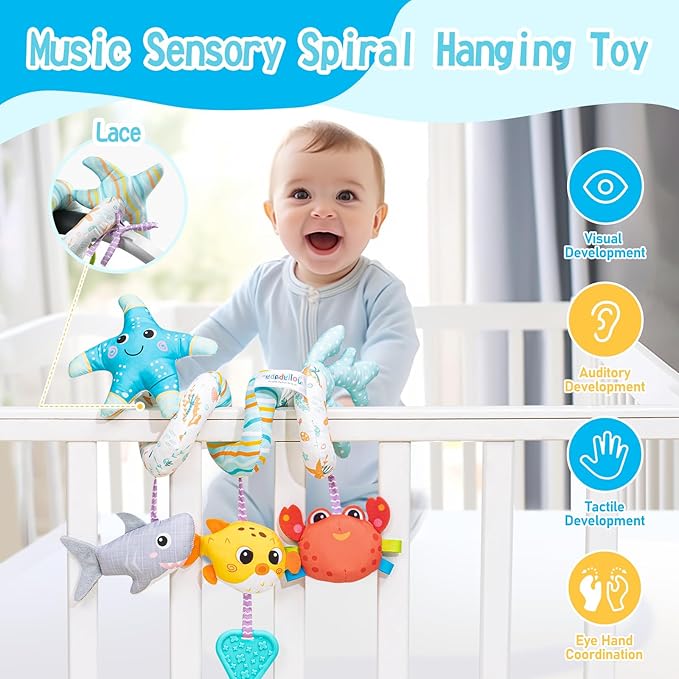 Jollybaby Crib Stroller Car Seat Toys for Baby 0-3-6-9-12 Months, Tummy Time Hanging Sensory Toys for Newborn with Music Box and Teether, Spiral Carseat Toy for Infant Boys Girls Gifts (Blue)