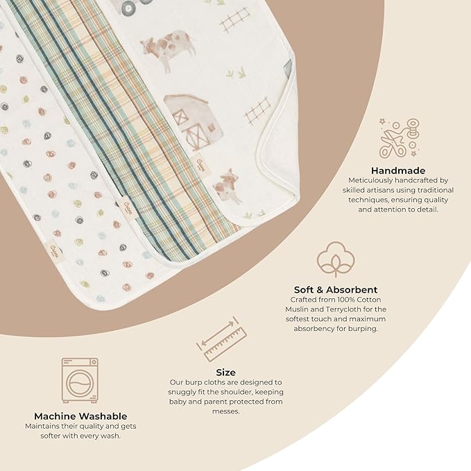 Crane Baby Burp Cloths Set, 3-pc. Charlie Farmhouse Tractor Collection, Soft 100% Cotton Muslin Burp Cloths for Baby Boys and Girls, Farm Nursery Décor