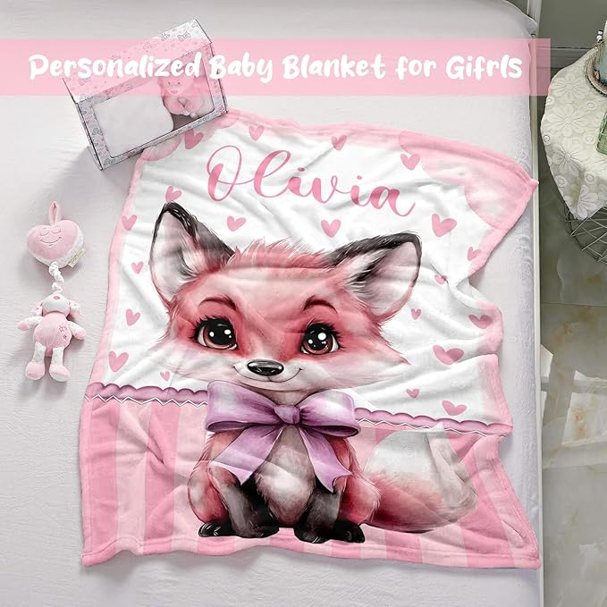 Personalized Baby Blanket for Girls, Custom Baby Blanket with Name, Soft Cozy Personalized Name Blankets for Kids, Customized Fox Blanket for Infant Toddler Birthday Christmas