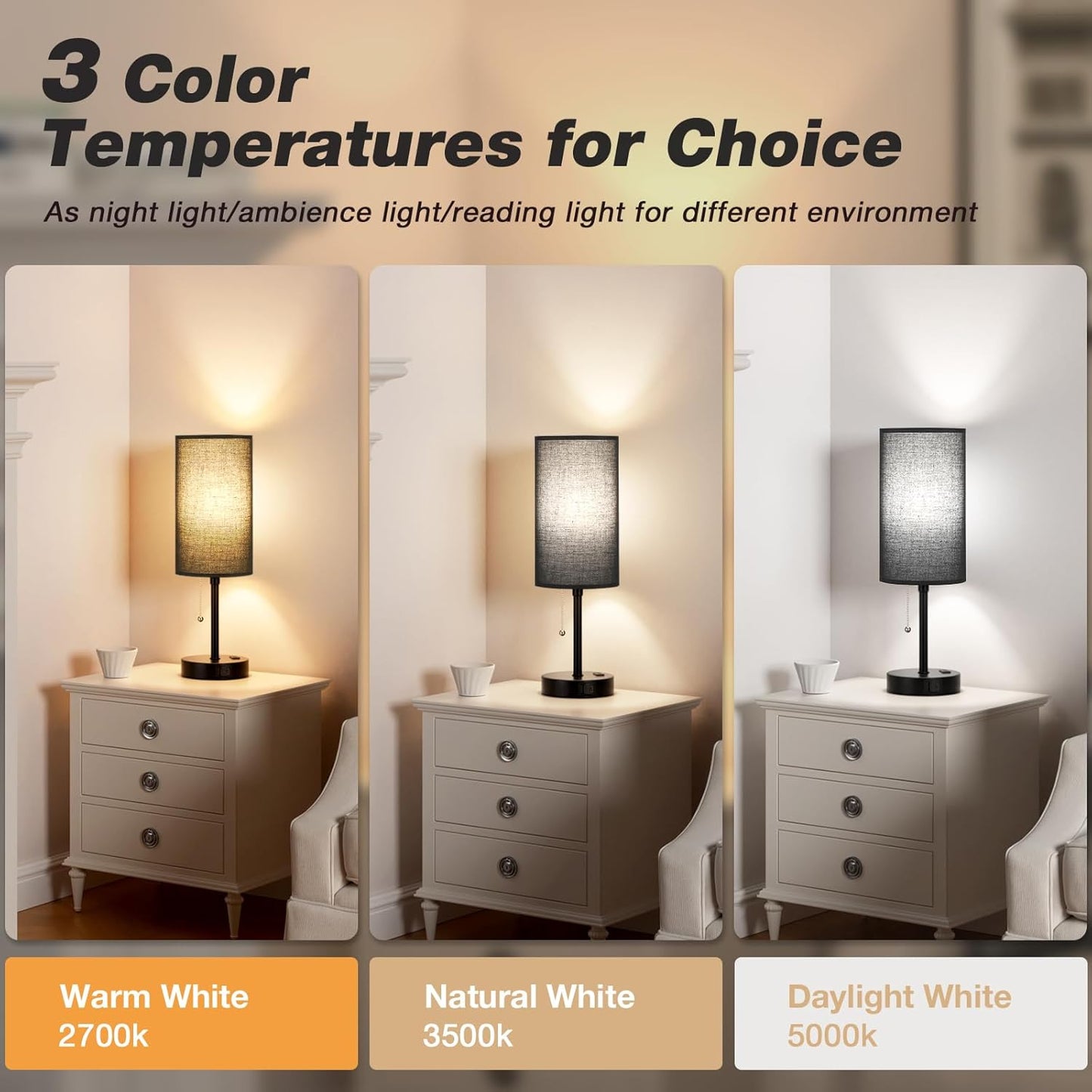 Dicoool 17Inch Tall Bedroom Lamps with USB C and A Ports 3 Color Temperatures - Pull Chain Black Nightstand Bedside Table Lamp with AC Outlet, Side Lamp for Living Room End Table