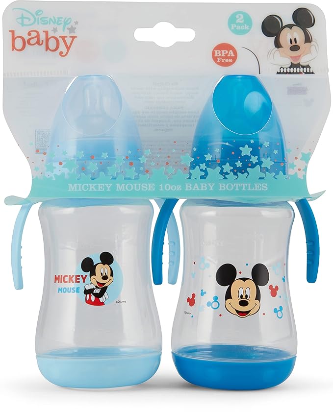 Disney 2 Pack 10 Ounce Baby Bottles with Character Prints and Colored Covers with Double Handle - BPA Free and Easy to Clean