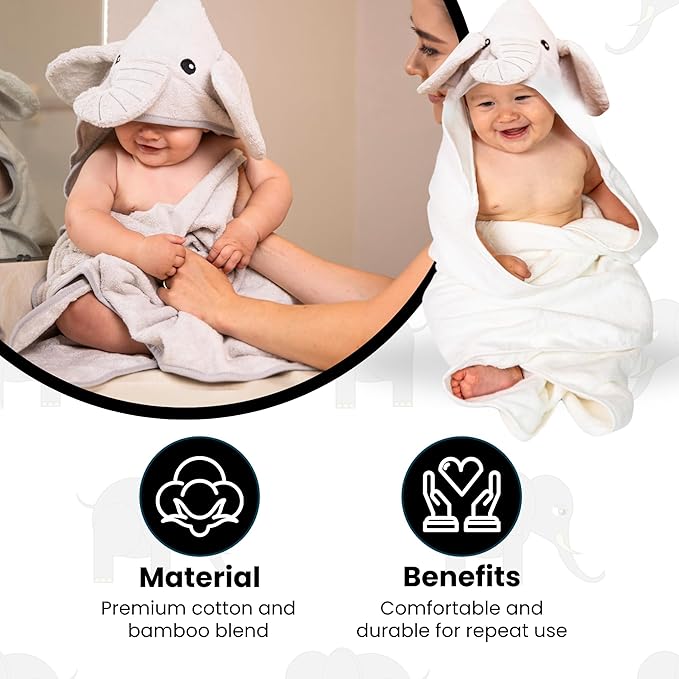 Premium Hooded Towel - 500GSM Viscose derived from Bamboo Cotton Baby Towels - Ultra Soft & Absorbent, Extra Large 35” x 35”, Hypoallergenic, Machine Washable Toddler Towel - Elephant