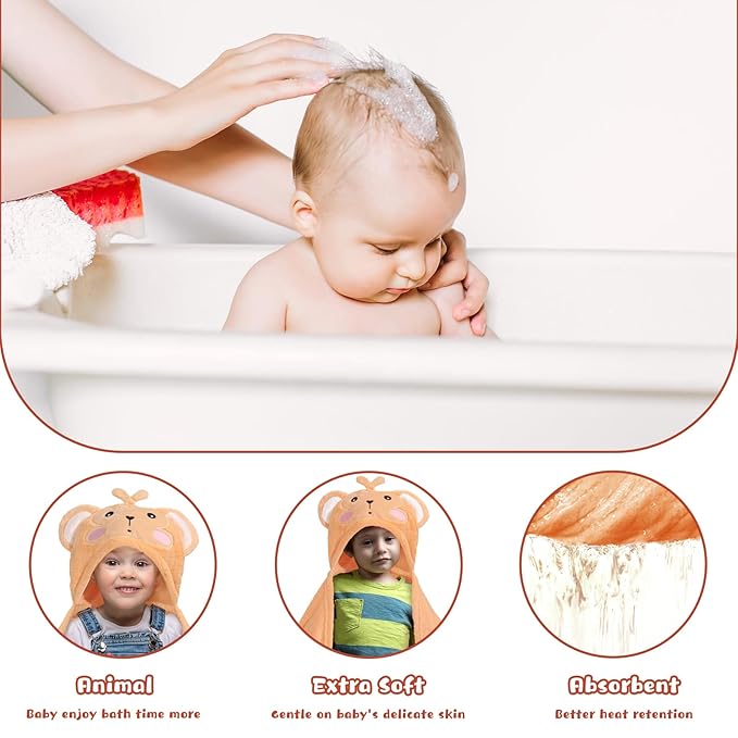 Toddler Towels for Boy, 2 PCS 50"x32" Hooded Baby Towels Boy,Thick Absorbent Bath Towels for Kids, Coral Fleece Animal Kids Towel with Hood, Gray Mouse & Orange Monkey Set