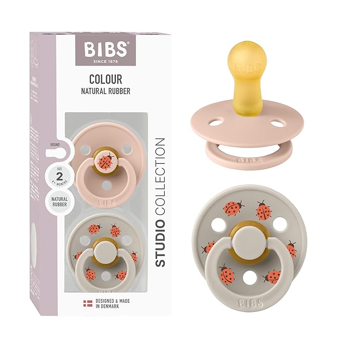 BIBS Studio Soother 2-Pack, BPA Free Dummy Pacifier, Round Nipple. Natural Rubber Latex, Made in Denmark, Size 2 (6-18 Months), Blush/Sand