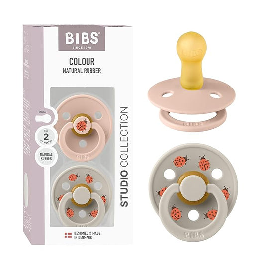BIBS Studio Soother 2-Pack, BPA Free Dummy Pacifier, Round Nipple. Natural Rubber Latex, Made in Denmark, Size 2 (6-18 Months), Blush/Sand