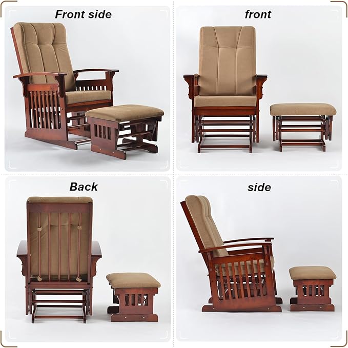 Solid Wood Rocking Glider Chair with Ottoman Cushion Set, Antique Rocking Chair with Arm Rest for Nursery Living Room Bedroom, Brown Yellow
