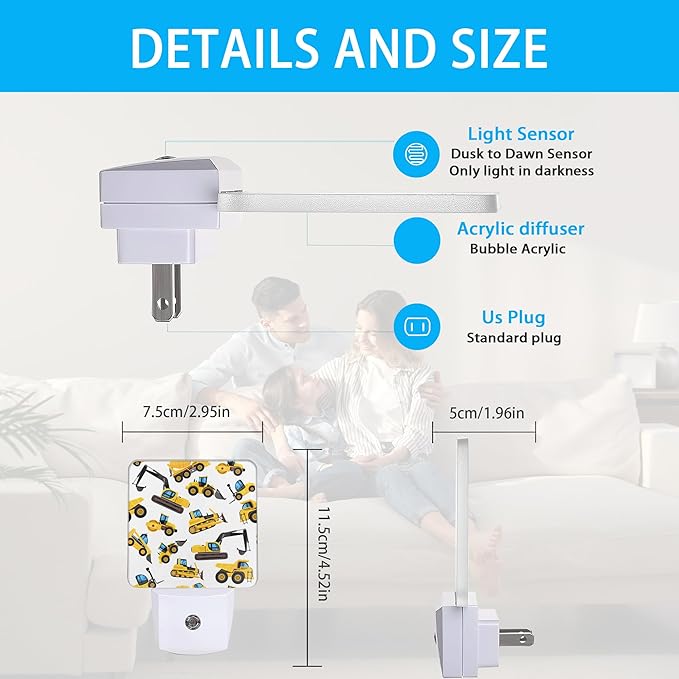 Construction Machines Night Light,Tractor Night Lights Plug into Wall Dusk to Dawn Sensor Led Lamp for Women Men,Led Lights for Stairway/Hallway/Bedroom,0.5W