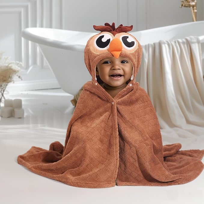 Baby Hooded Towels for Boys 0-5 Years,Ultra Thick Soft & Absorbent Towel for Toddler Boy, 50 x 32 Inches Large Size Coral Fleece with Animal Hood and Buttons, Brown Owl