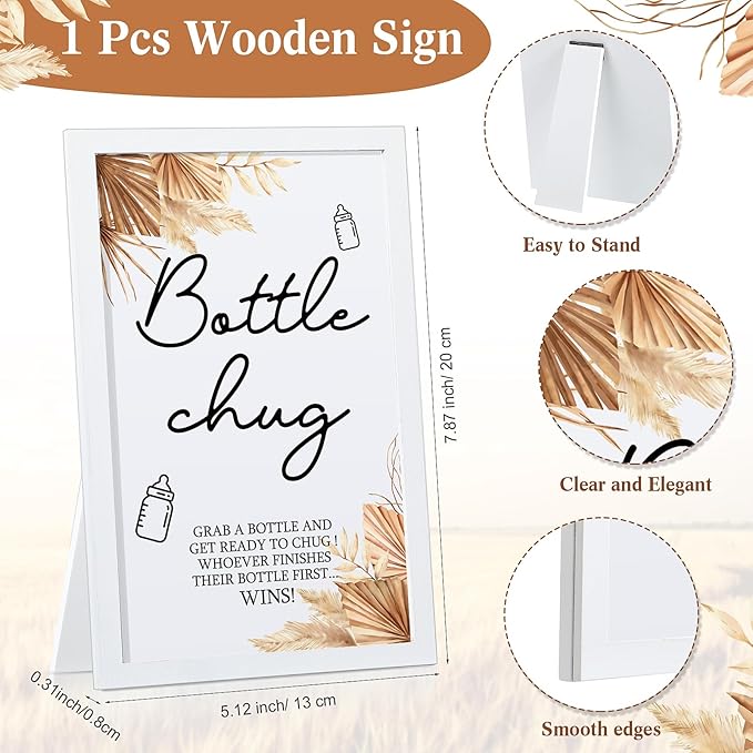 Roowest Bottle Chug Baby Shower Game Favors Including Boho Theme Wooden Sign and 18 Pcs Baby Bottles for Gender Reveal Party Supplies