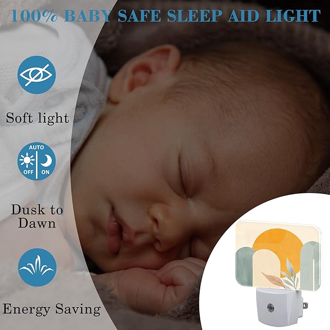 Boho Sun and Leaves Night Light Plug into Wall, Bohemian Abstract Art Night Light with Dusk to Dawn Sensor for Kid Girls Boys Women Men Room, Hallway, Kitchen, Bathroom, Stairs Decor