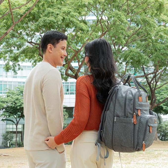 BabbleRoo Extra Large Diaper Bag Backpack, Expandable Baby Bag with Up to 50% More Capacity - Travel Essentials Baby Bag Tote with Changing Pad, Stroller Straps & Pacifier Case - Unisex, Dark Gray