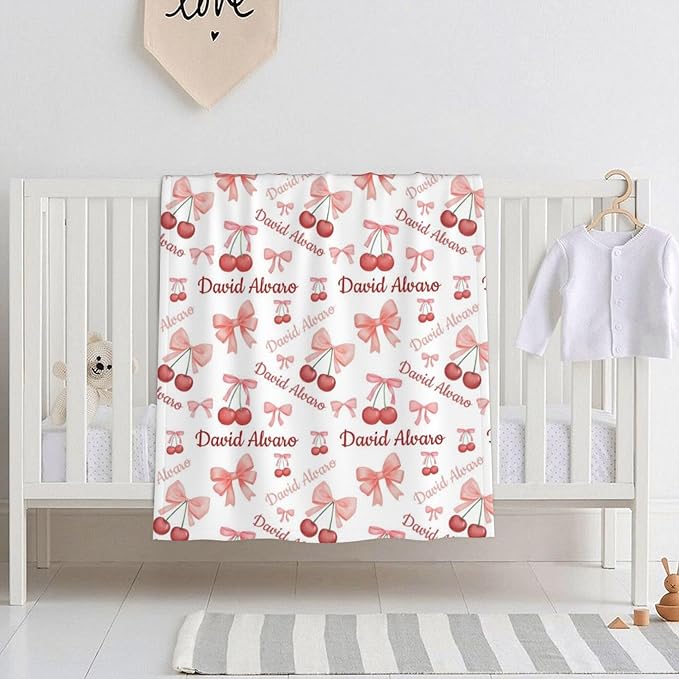 Ship Next Day Custom Name Baby Blanket, Personalized Toddler Blanket with Cherry Pattern, for Baby Boys and Girls