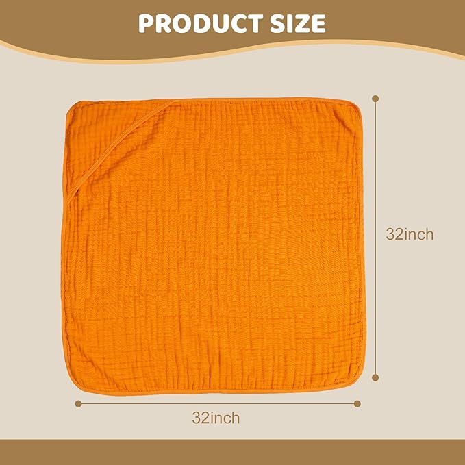 david's kids 2 Pack Hooded Baby Towels, 100% Muslin Cotton 6-Layer Ultra Soft Breathable Absorbent Baby Bath Towels for Infant and Toddler, Newborn Essentials, Large 32x32Inch, Beige & Ginger