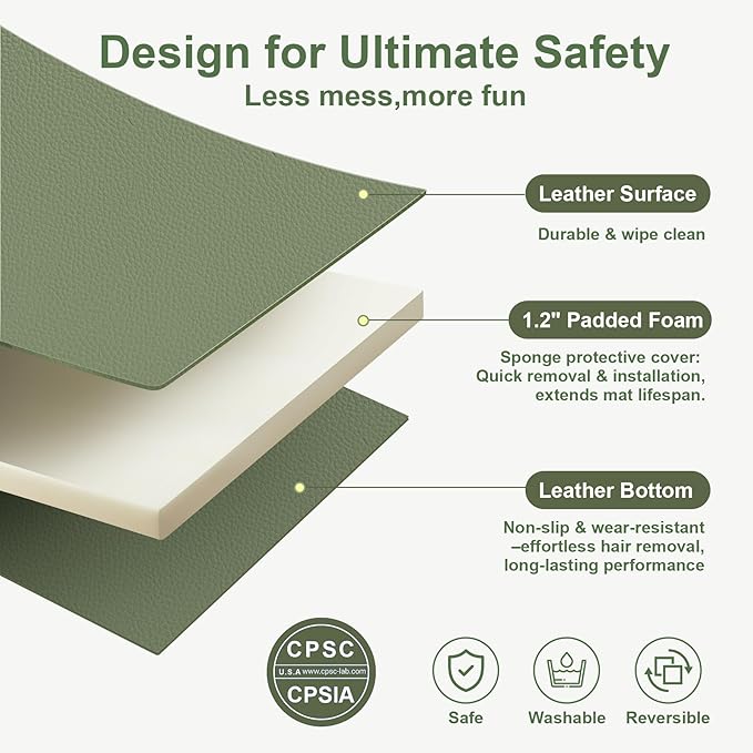 Baby Play Mat for Floor,50x50 Playpen Mat,Non-Slip Leather&Thick Foam Floor Cushion,Removable Waterproof Cover,Easy Care for Baby Crawling,Toddler,Kids,Tummy Time（Sage Green)