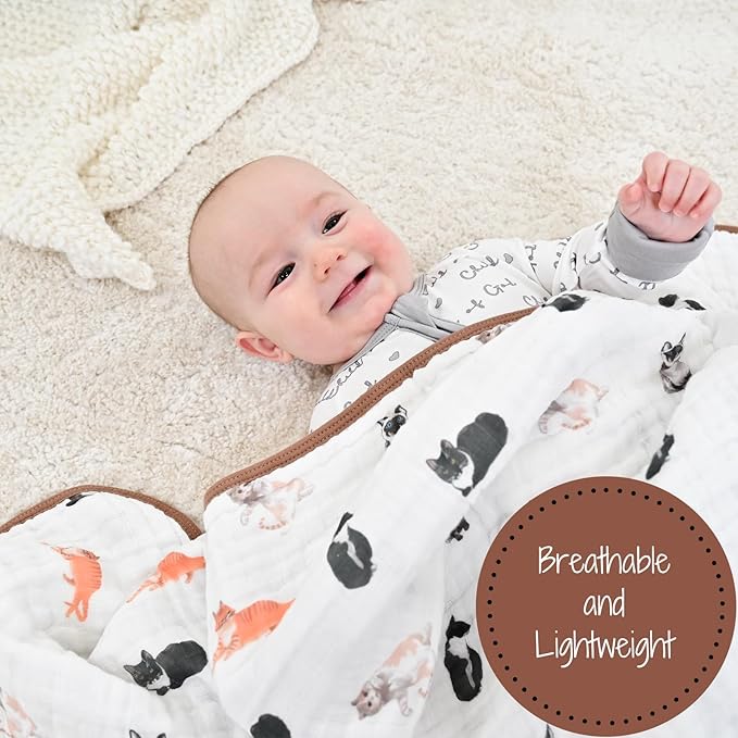 LollyBanks Muslin Baby Blanket 100% Organic Cotton, Muslin Quilt Lightweight, 6 Layers Baby Blankets 47"x 47", Toddler Blanket for Boy and Girl, Nursery Receiving Blankets (Cats Print)