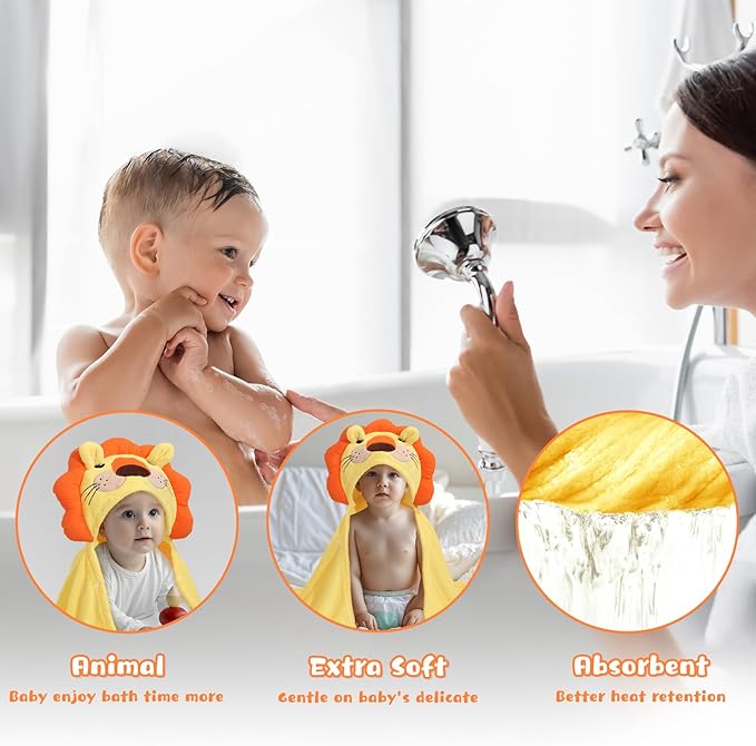 Baby Bath Towels with Hood, 50" x 32" Toddler Hooded Towels 0-5 Years,2-Pack Toddler Bath Towel Soft Absorbent with Animal Hood, Baby Bath & Hooded Towel