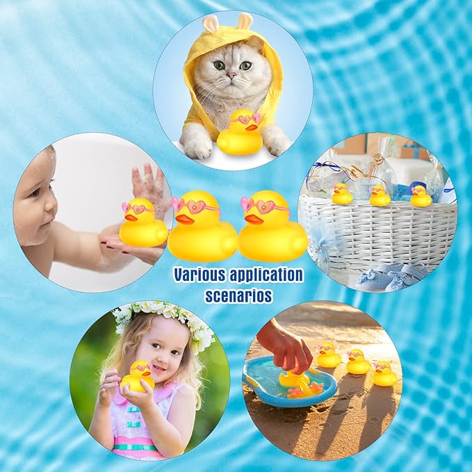 Chivao 12 Pcs Rubber Ducks with 12 Sunglasses/ Hats/ Headwear Small Mini Carnival Cruise Birthday Rubber Duckies Bathtub Toys in Bulk(Duck with Heart Glasses,Yellow)