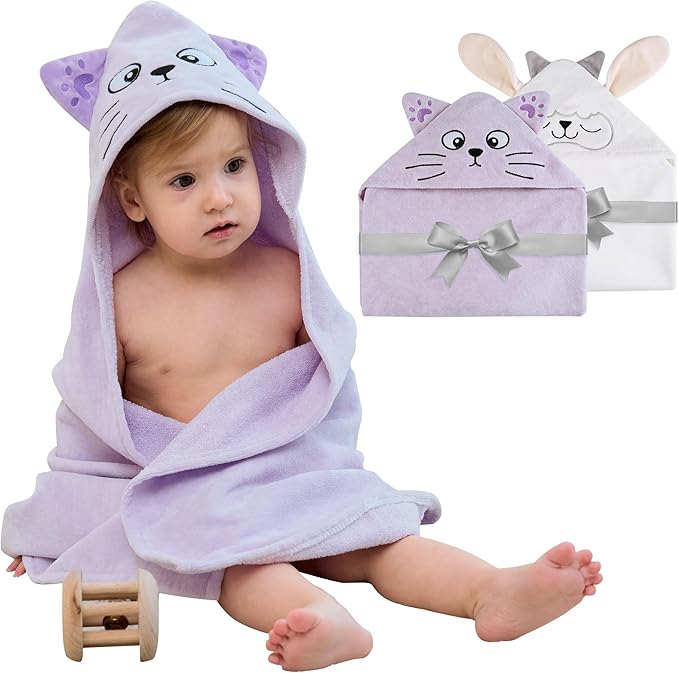 Viviland 2 Pack Hooded Baby Towels, Soft 100% Cotton Baby Bath Towels with Hood, Extra Thick and Absorbent, Essential for Newborns, Kids, Infants - Girls and Boys (Sheep & Purple Cat)