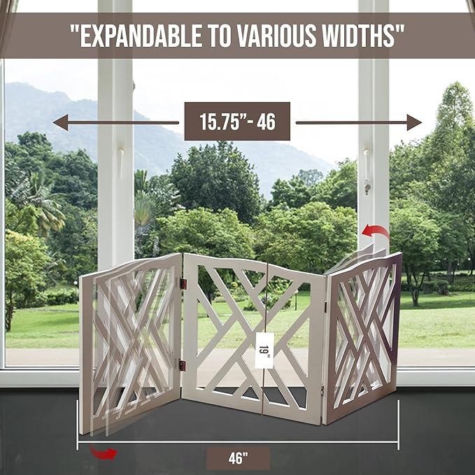 Bundaloo Freestanding Dog Gate Expandable Decorative Wooden Fence for Small to Medium Pet Dogs, Barrier for Stairs, Doorways, & Hallways (Crisscross - Grey)