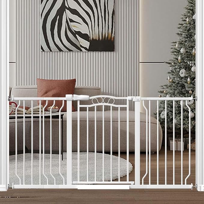 Fairy Baby 53.1"-62.5" Extra Wide Long Baby Gate, Dog Safety Gates & Gate Extensions for Stairs, Doorways, Hallways and Kitchen, Pet Garden Animal Barrier Fence Indoor Kid Gate Metal Auto Close, White
